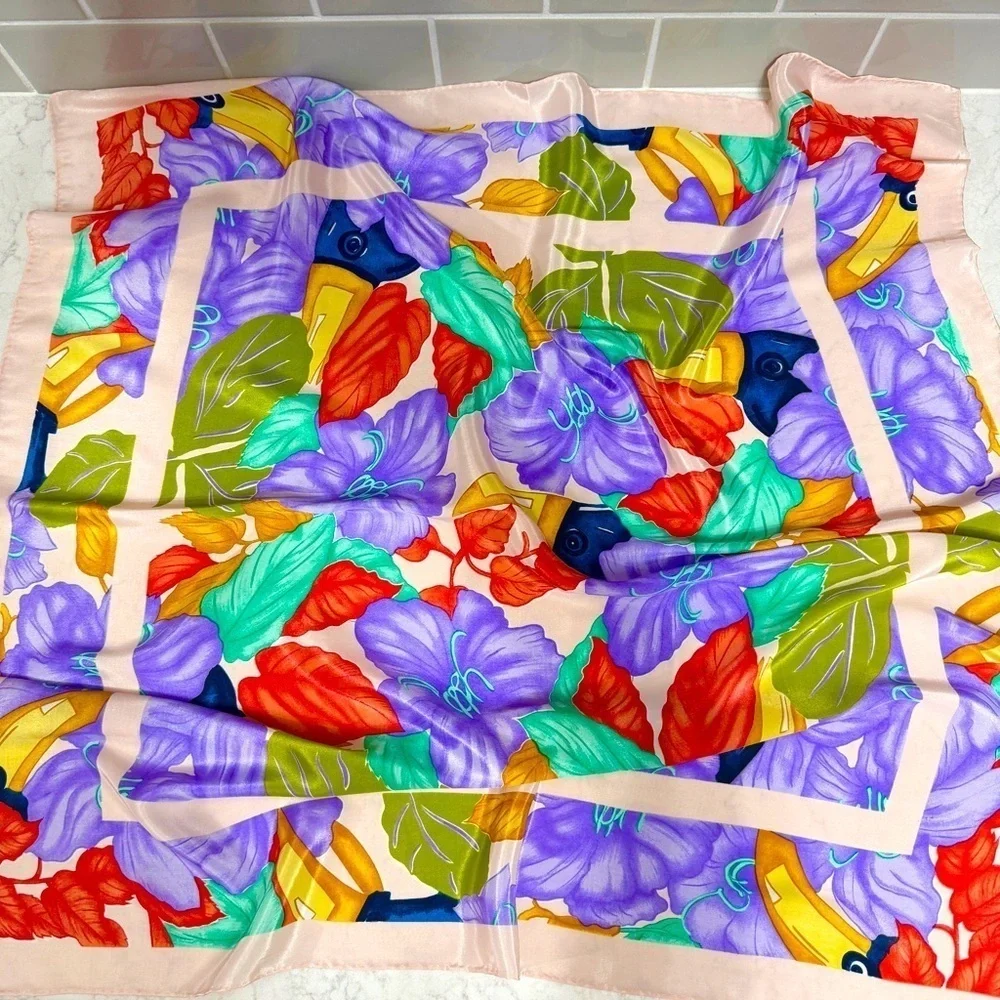 Tropical Print Square Silky Scarf Wrap Pink Pastel Neon